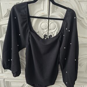 Black Pearl-Accent Puff Sleeve Women's Top